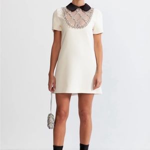 Ivory Mini Dress with Black Peter Pan Collar and Embellished Yoke